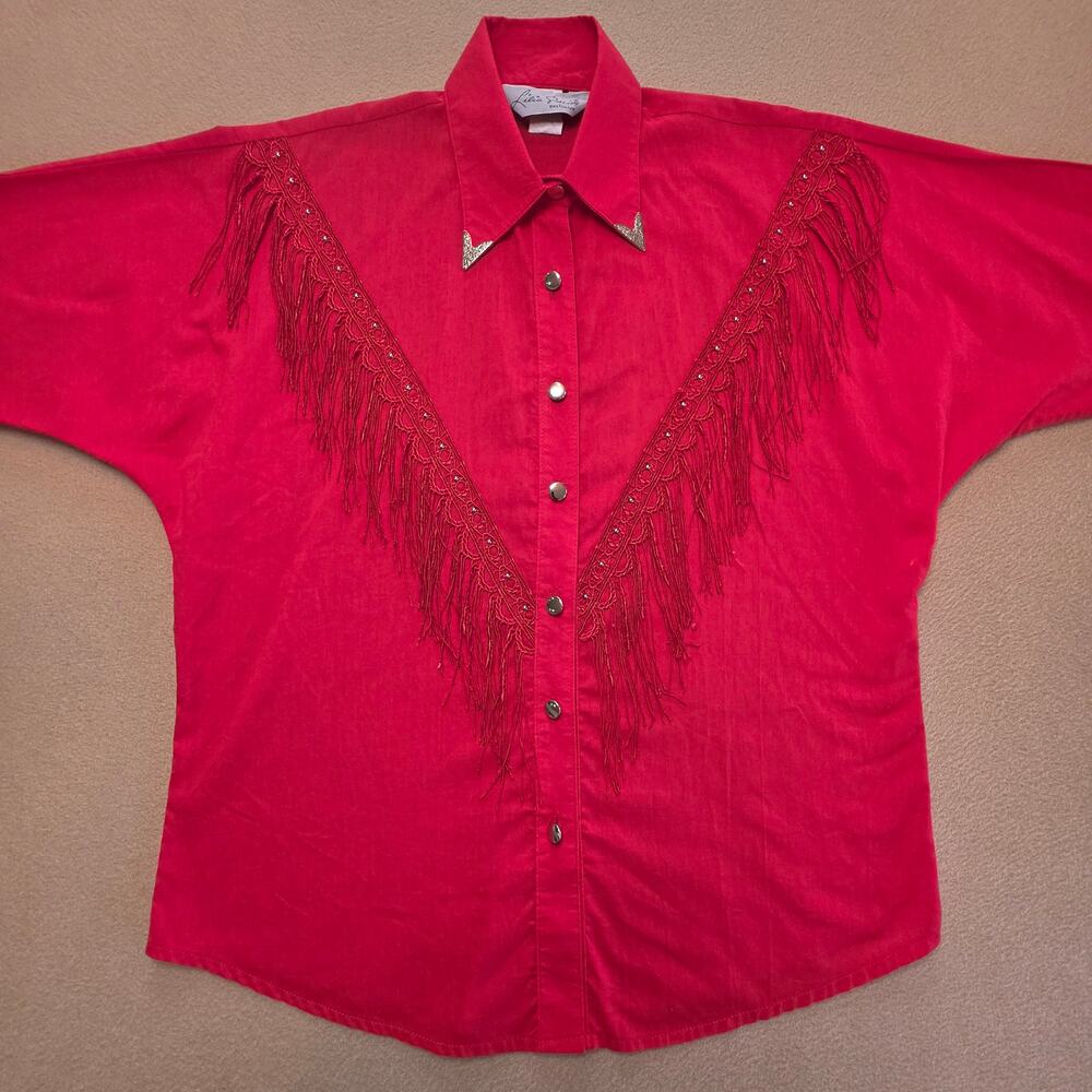 Lilia Smitty Guilty Vintage Red Fringe Western Cowgirl Shirt Sz Small USA Made